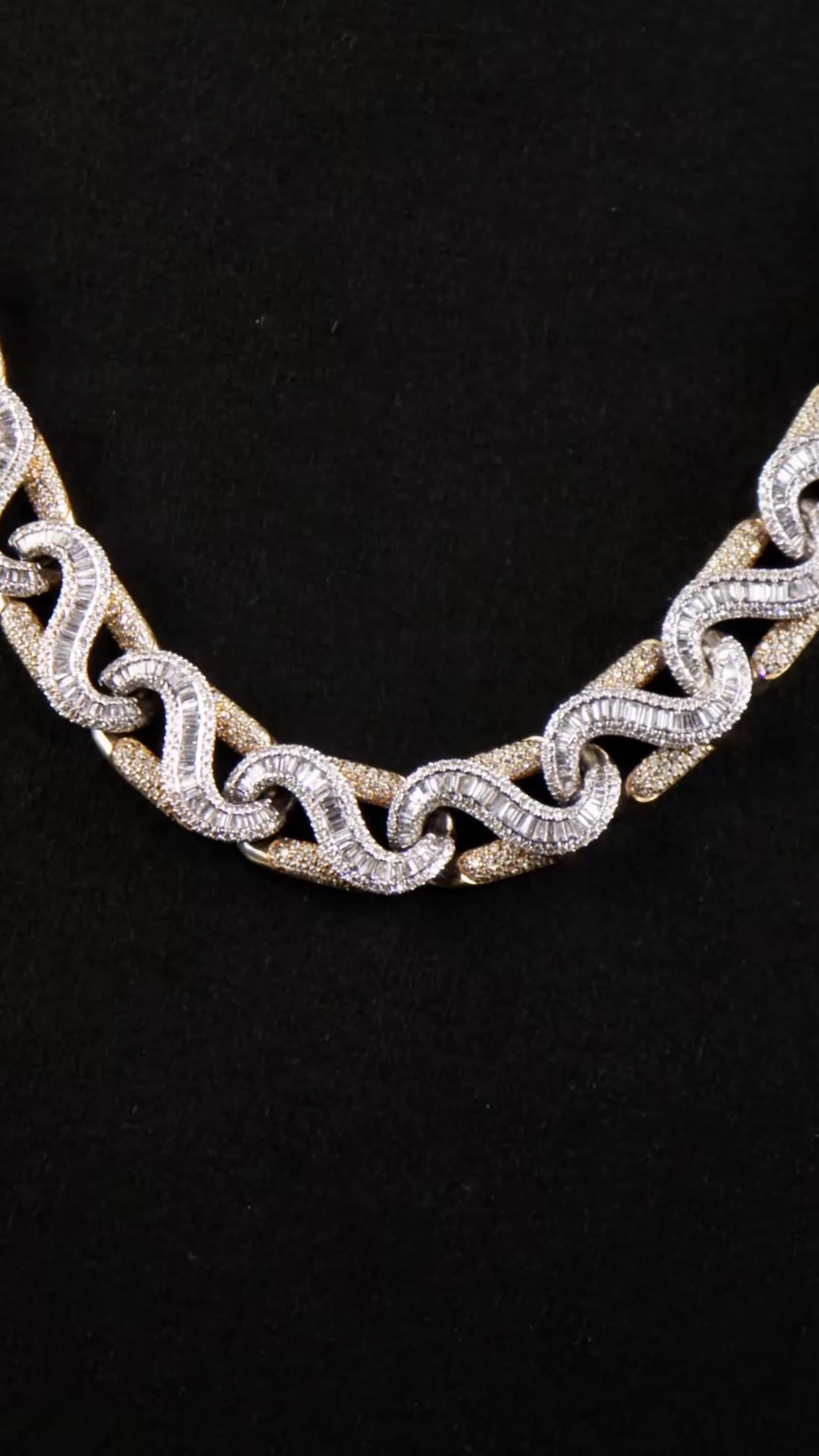 14mm Two Tone Baguette Wave Link Chain, VVS Moissanite, 925 Sterling Silver, Iced Out Hip Hop Necklace