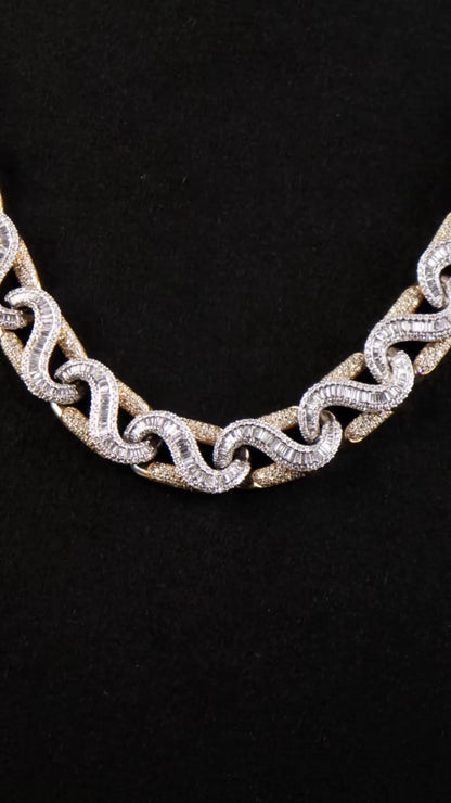 14mm Two Tone Baguette Wave Link Chain, VVS Moissanite, 925 Sterling Silver, Iced Out Hip Hop Necklace