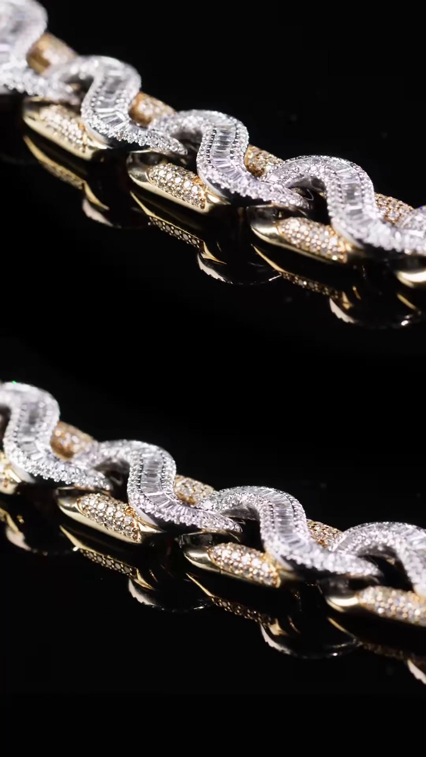 14mm Two Tone Baguette Wave Link Chain, VVS Moissanite, 925 Sterling Silver, Iced Out Hip Hop Necklace