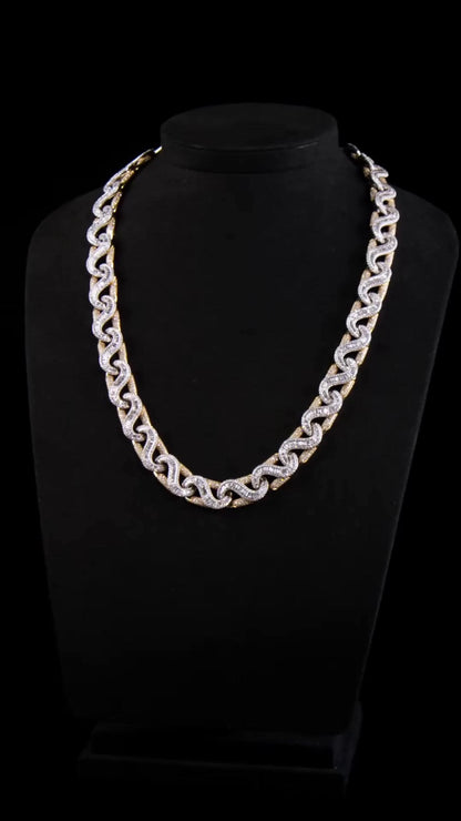 14mm Two Tone Baguette Wave Link Chain, VVS Moissanite, 925 Sterling Silver, Iced Out Hip Hop Necklace