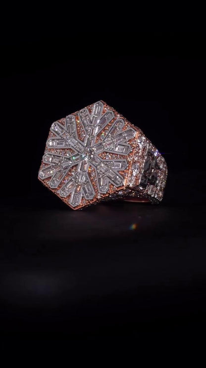 Custom Snowflake Championship Ring, Baguette Moissanite Statement Ring, Personalized Initial & Year, Rose Gold 925 Silver Hip Hop Jewelry
