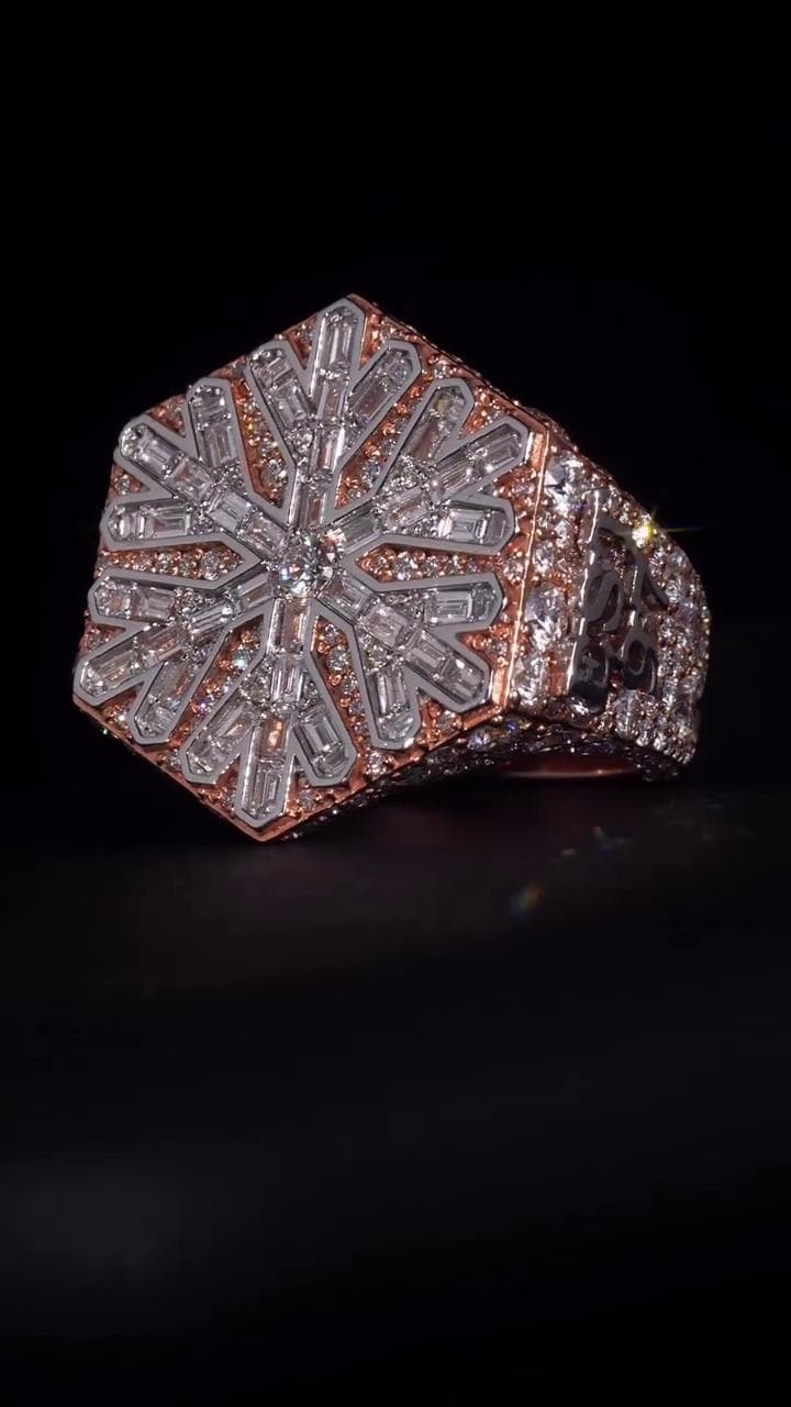 Custom Snowflake Championship Ring, Baguette Moissanite Statement Ring, Personalized Initial & Year, Rose Gold 925 Silver Hip Hop Jewelry