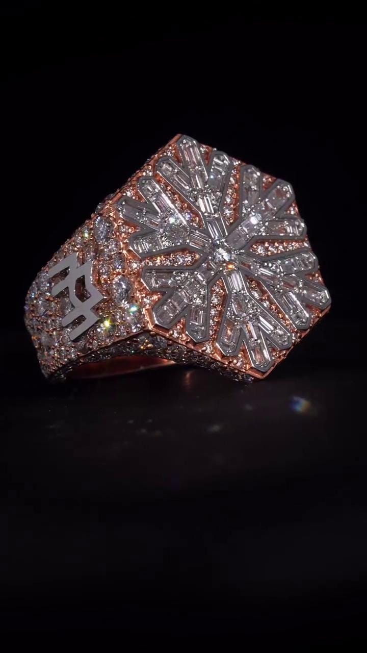 Custom Snowflake Championship Ring, Baguette Moissanite Statement Ring, Personalized Initial & Year, Rose Gold 925 Silver Hip Hop Jewelry