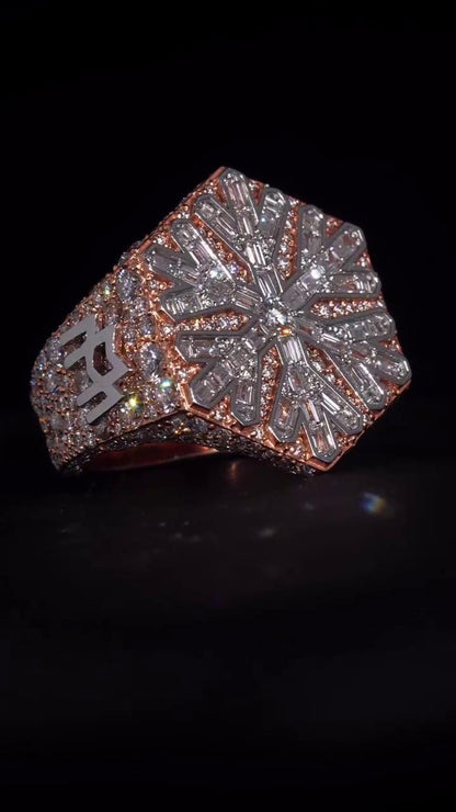 Custom Snowflake Championship Ring, Baguette Moissanite Statement Ring, Personalized Initial & Year, Rose Gold 925 Silver Hip Hop Jewelry