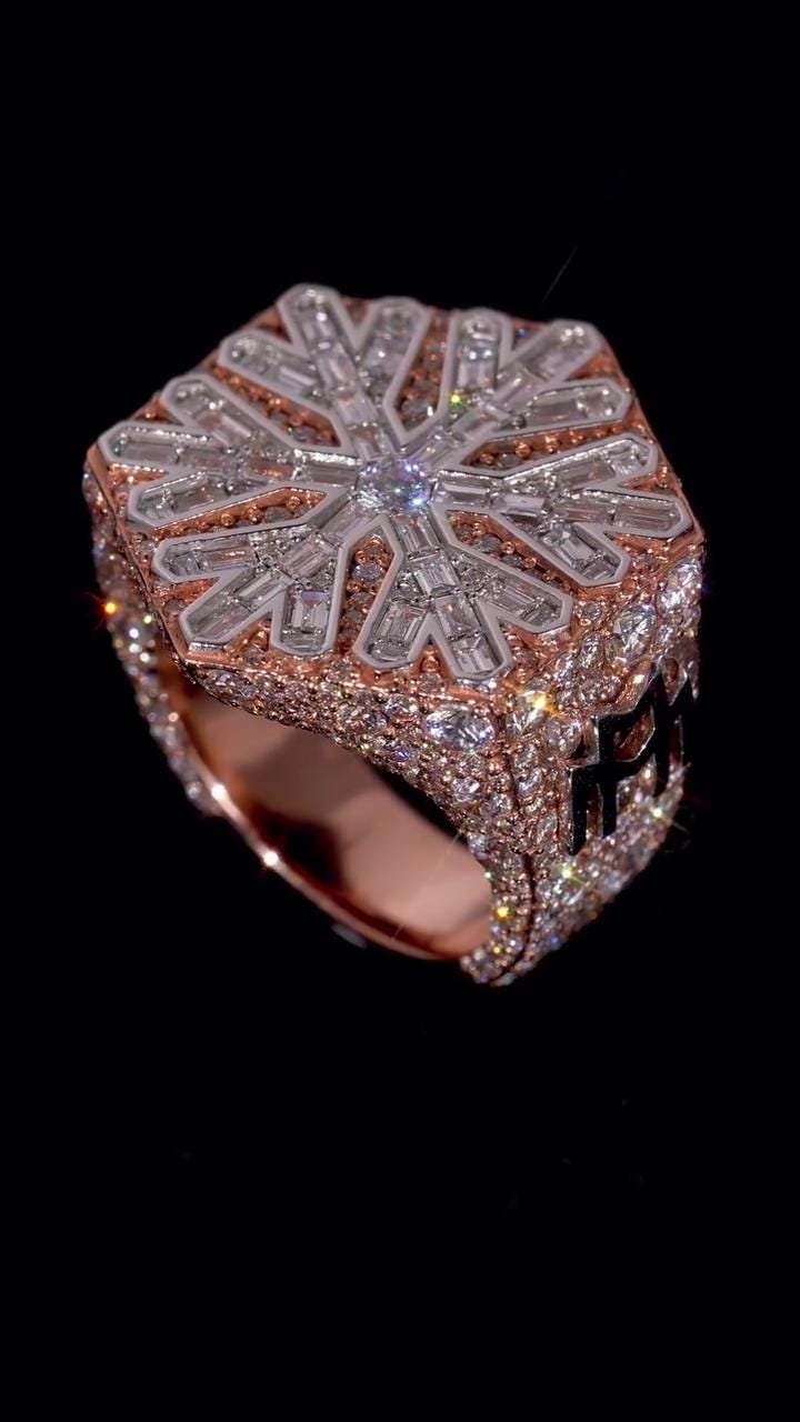 Custom Snowflake Championship Ring, Baguette Moissanite Statement Ring, Personalized Initial & Year, Rose Gold 925 Silver Hip Hop Jewelry