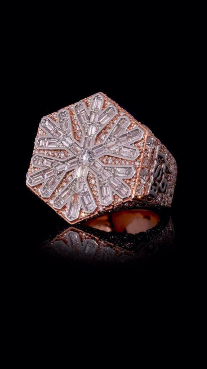 Custom Snowflake Championship Ring, Baguette Moissanite Statement Ring, Personalized Initial & Year, Rose Gold 925 Silver Hip Hop Jewelry