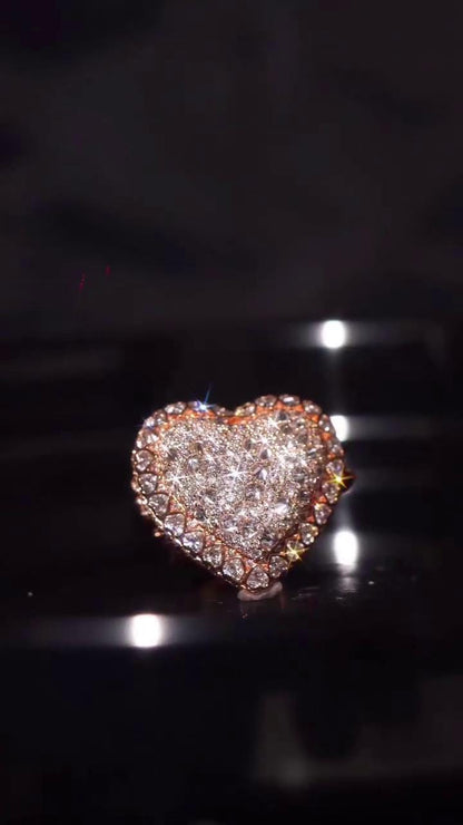 Custom Heart Moissanite Ring, Personalized Name & Logo, Iced Out 925 Silver Statement Ring, Rose Gold Hip Hop Jewelry