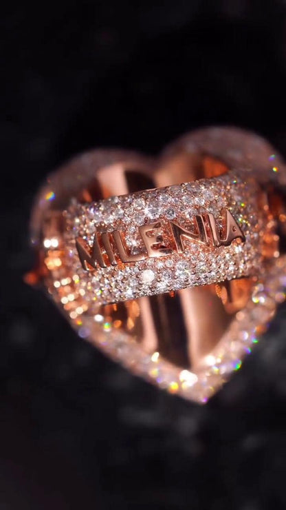 Custom Heart Moissanite Ring, Personalized Name & Logo, Iced Out 925 Silver Statement Ring, Rose Gold Hip Hop Jewelry