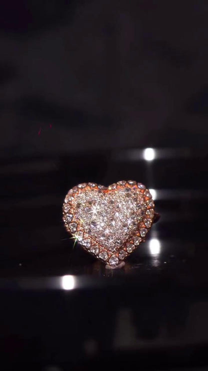 Custom Heart Moissanite Ring, Personalized Name & Logo, Iced Out 925 Silver Statement Ring, Rose Gold Hip Hop Jewelry