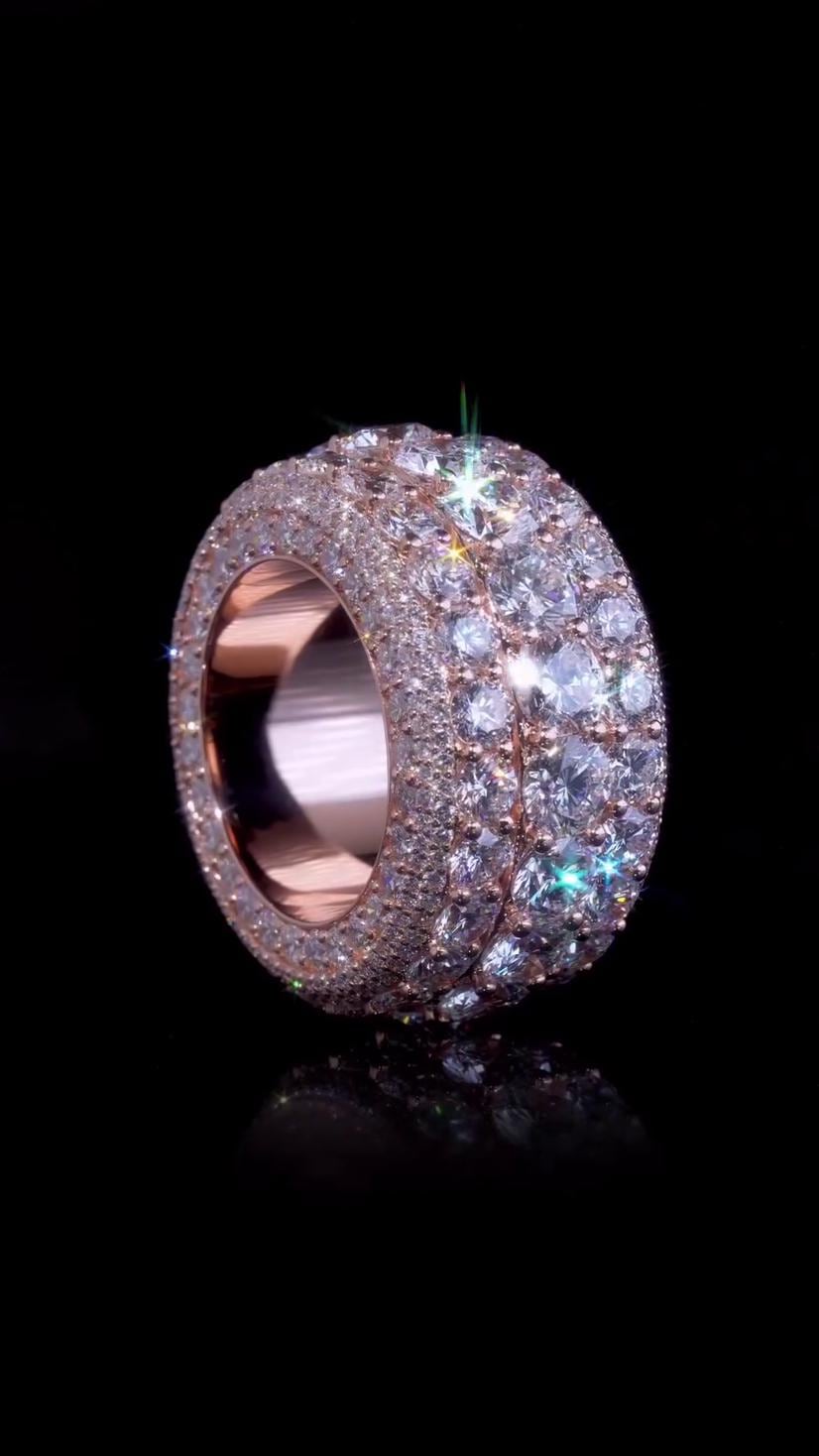 Wide Eternity Band Ring, Multi Row VVS1 Moissanite, Rose Gold Plated 925 Silver, Iced Out Hip Hop Statement Ring