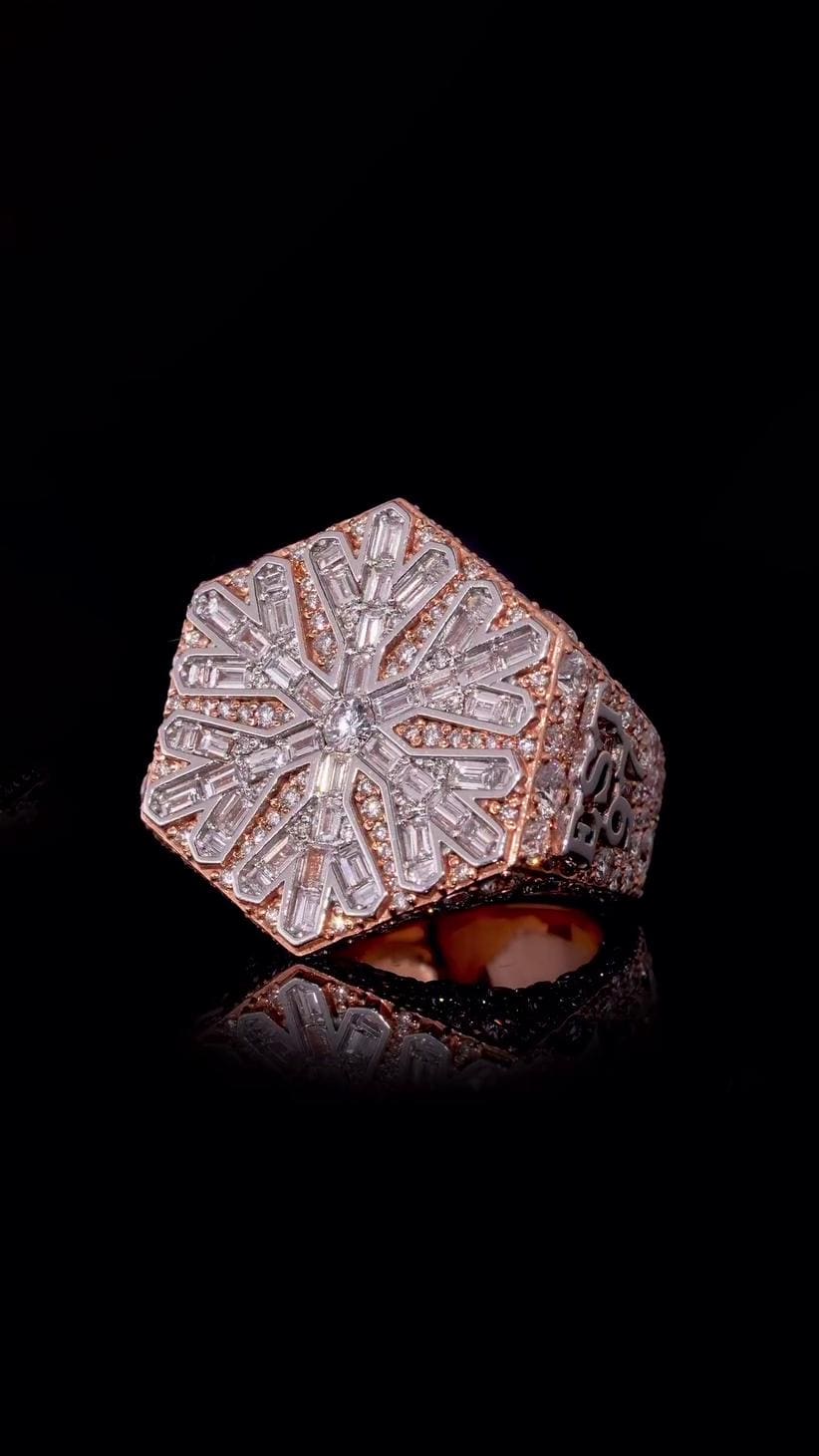 Custom Snowflake Championship Ring, Baguette Moissanite Statement Ring, Personalized Initial & Year, Rose Gold 925 Silver Hip Hop Jewelry