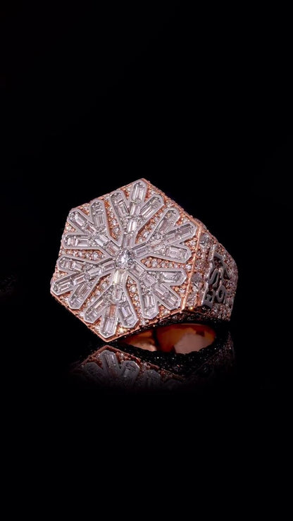 Custom Snowflake Championship Ring, Baguette Moissanite Statement Ring, Personalized Initial & Year, Rose Gold 925 Silver Hip Hop Jewelry