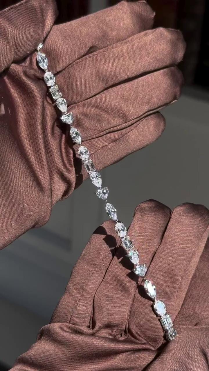 Mixed Cut Moissanite Tennis Bracelet, Marquise Oval Emerald Pear Heart, 925 Sterling Silver, VVS1 Jewelry