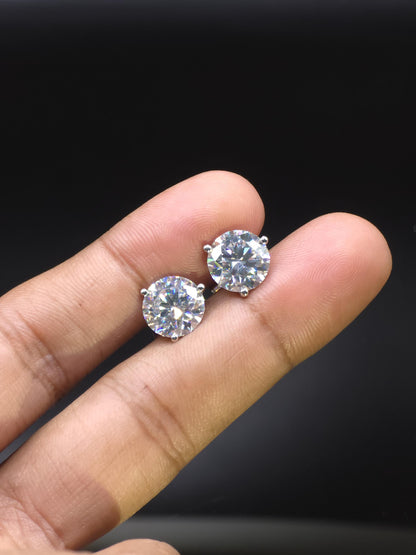 10mm Moissanite Stud Earrings, D Color VVS1 Round, 8 Carat Total Weight, 925 Sterling Silver/Solid 10K Gold, Three Prong Martini Setting