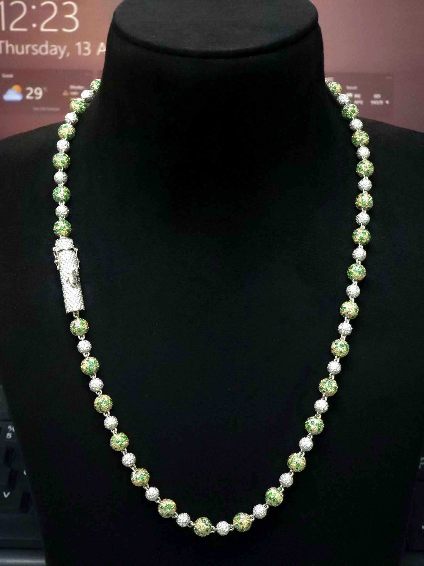 Camouflage Ball Chain, Mosaic Moissanite Necklace, Lab Created Gemstones, 360 Iced Custom Clasp Jewelry, Rhodium Plated 925 Sterling Silver
