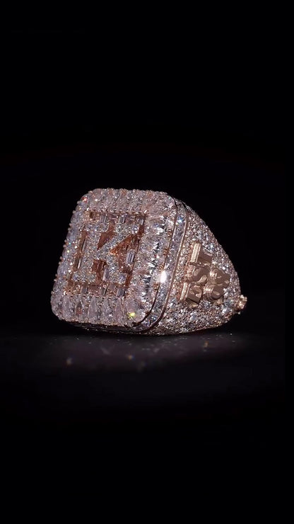 Custom Iced Out Championship Ring, Personalized Letter Number Ring, Pear Cut Moissanite, 925 Silver, Hip Hop Statement Ring