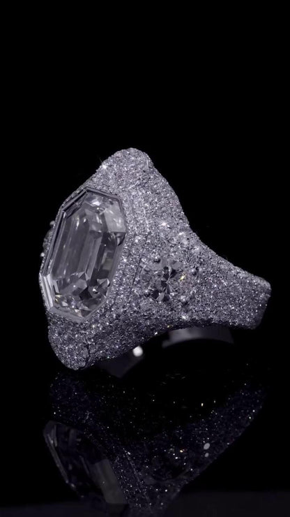 10 CT Emerald Cut Moissanite Ring, Fully Iced Statement Ring, VVS Moissanite Men’s Ring, 925 Sterling Silver Hip Hop Jewelry
