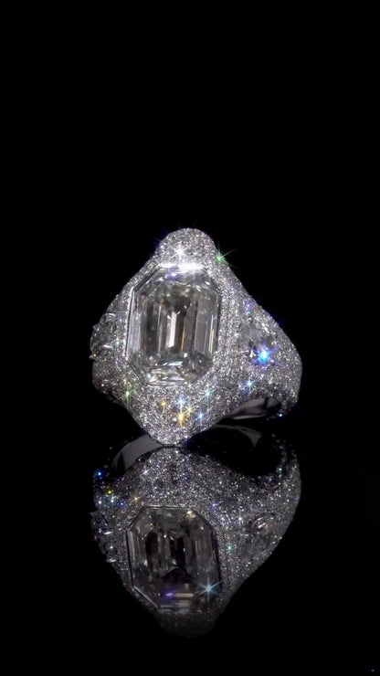 10 CT Emerald Cut Moissanite Ring, Fully Iced Statement Ring, VVS Moissanite Men’s Ring, 925 Sterling Silver Hip Hop Jewelry