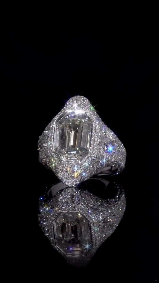 10 CT Emerald Cut Moissanite Ring, Fully Iced Statement Ring, VVS Moissanite Men’s Ring, 925 Sterling Silver Hip Hop Jewelry