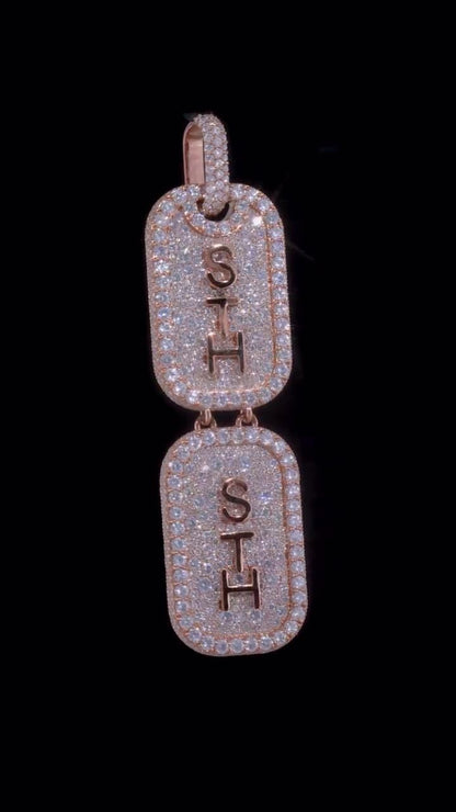 Custom Double Dog Tag Pendant, Personalized Initial Moissanite Necklace, Iced Out 925 Silver Hip Hop Jewelry