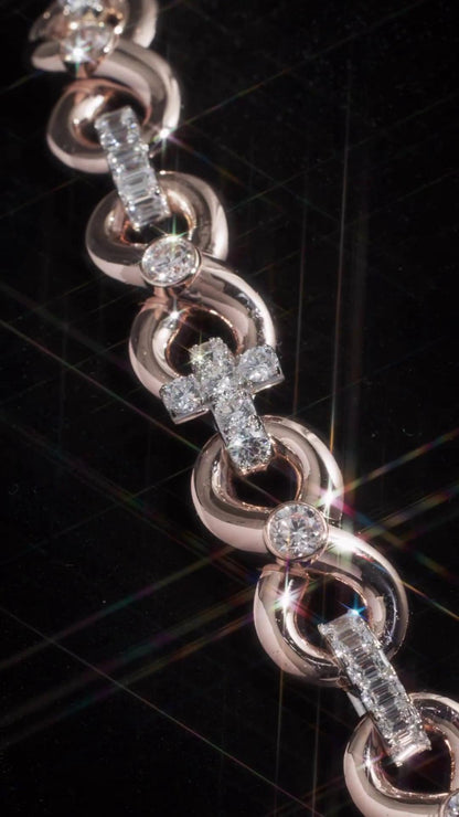 12mm Infinity Link Moissanite Chain, Cross Baguette Accent Necklace, 925 Silver Rose Gold Hip Hop Jewelry