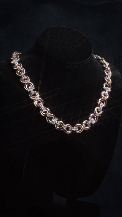12mm Infinity Link Moissanite Chain, Cross Baguette Accent Necklace, 925 Silver Rose Gold Hip Hop Jewelry