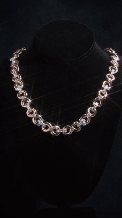 12mm Infinity Link Moissanite Chain, Cross Baguette Accent Necklace, 925 Silver Rose Gold Hip Hop Jewelry