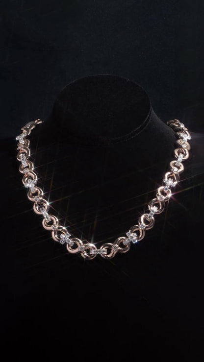 12mm Infinity Link Moissanite Chain, Cross Baguette Accent Necklace, 925 Silver Rose Gold Hip Hop Jewelry