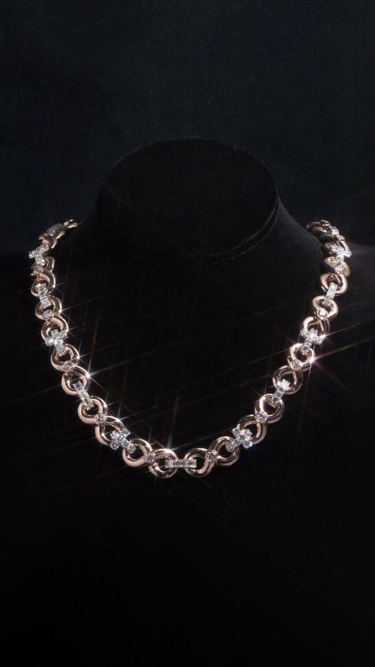12mm Infinity Link Moissanite Chain, Cross Baguette Accent Necklace, 925 Silver Rose Gold Hip Hop Jewelry