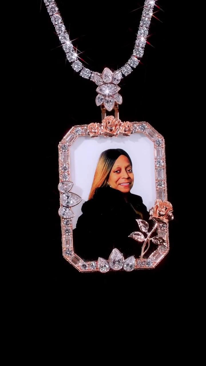 Custom Photo Memory Pendant, Moissanite Memorial Picture Pendant, Personalized Rose Frame Necklace, 925 Silver Remembrance Jewelry
