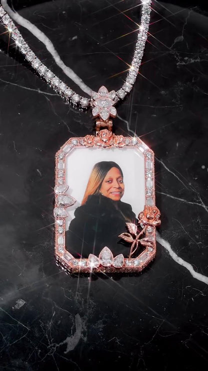 Custom Photo Memory Pendant, Moissanite Memorial Picture Pendant, Personalized Rose Frame Necklace, 925 Silver Remembrance Jewelry