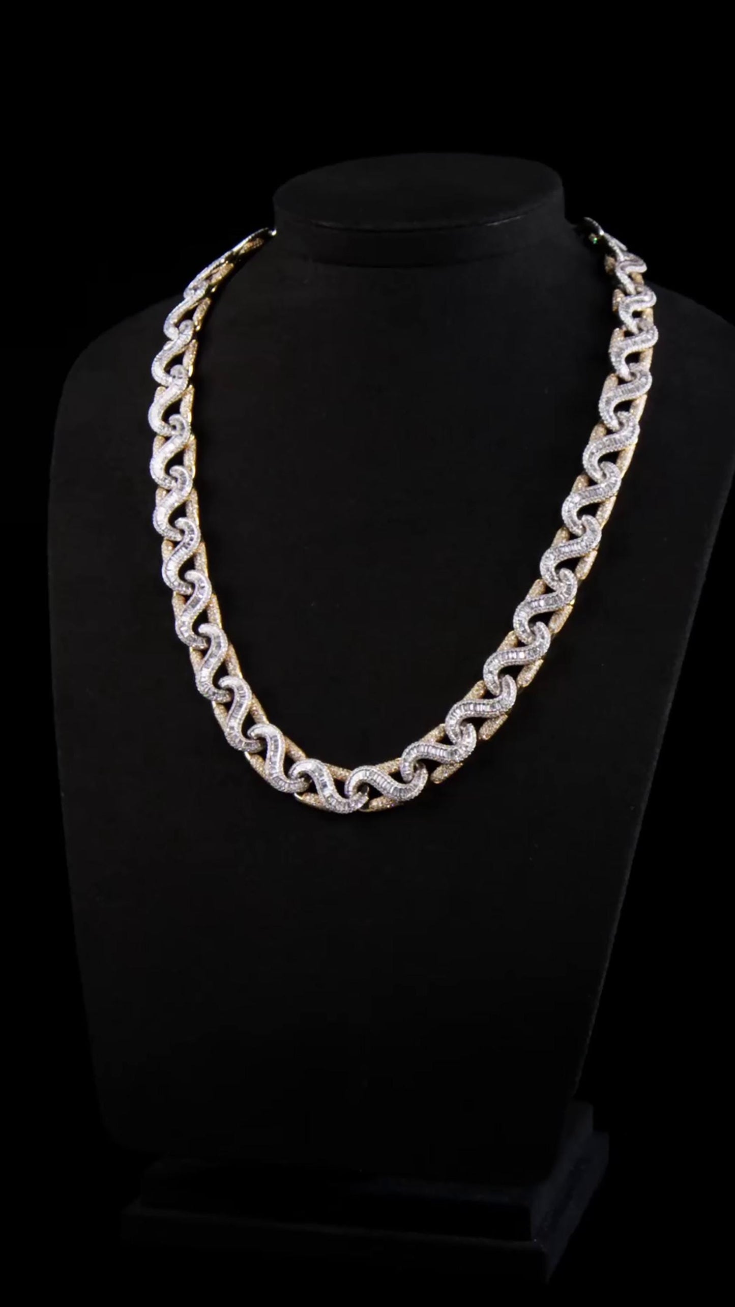 14mm Two Tone Baguette Wave Link Chain, VVS Moissanite, 925 Sterling Silver, Iced Out Hip Hop Necklace