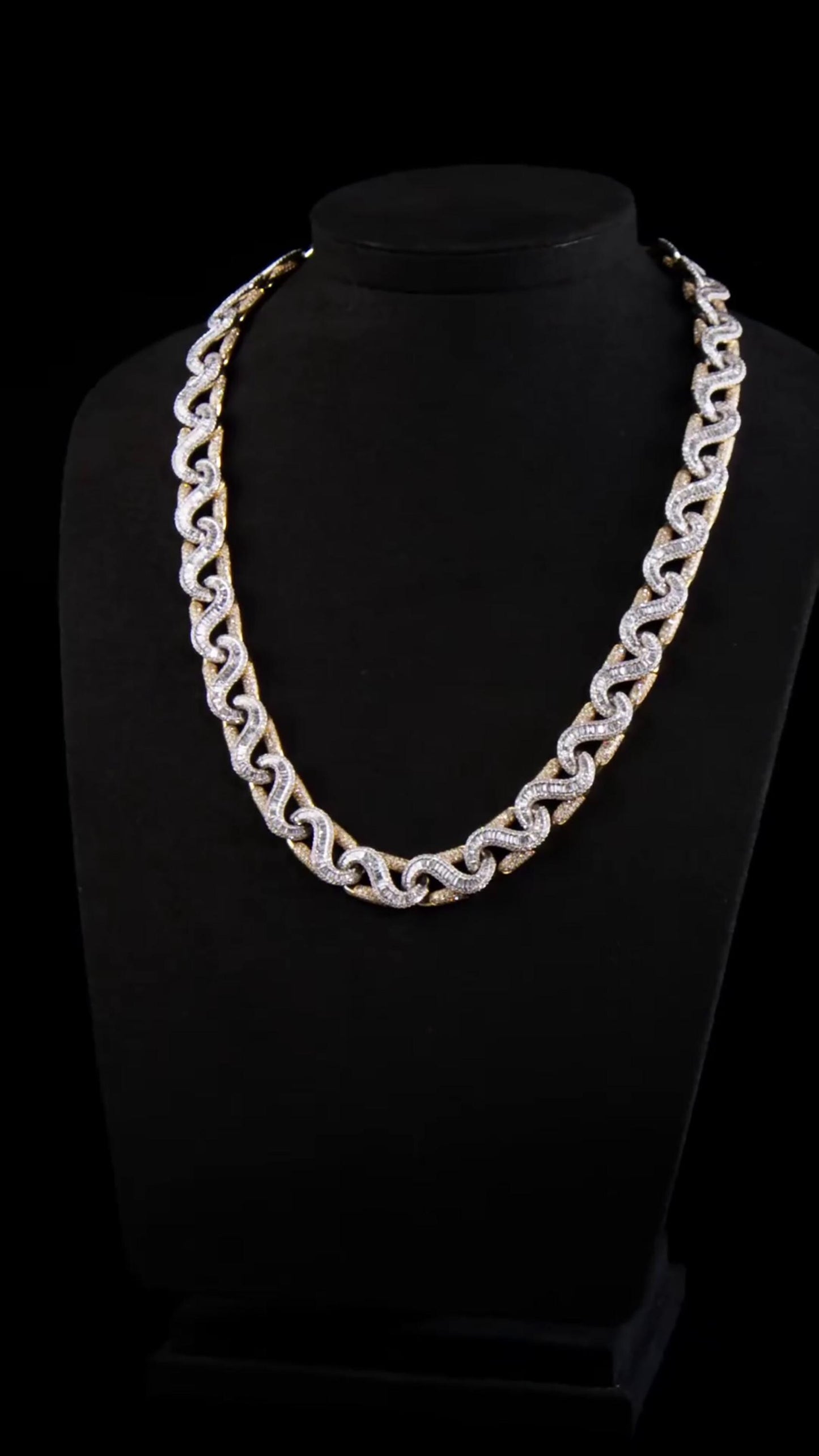 14mm Two Tone Baguette Wave Link Chain, VVS Moissanite, 925 Sterling Silver, Iced Out Hip Hop Necklace