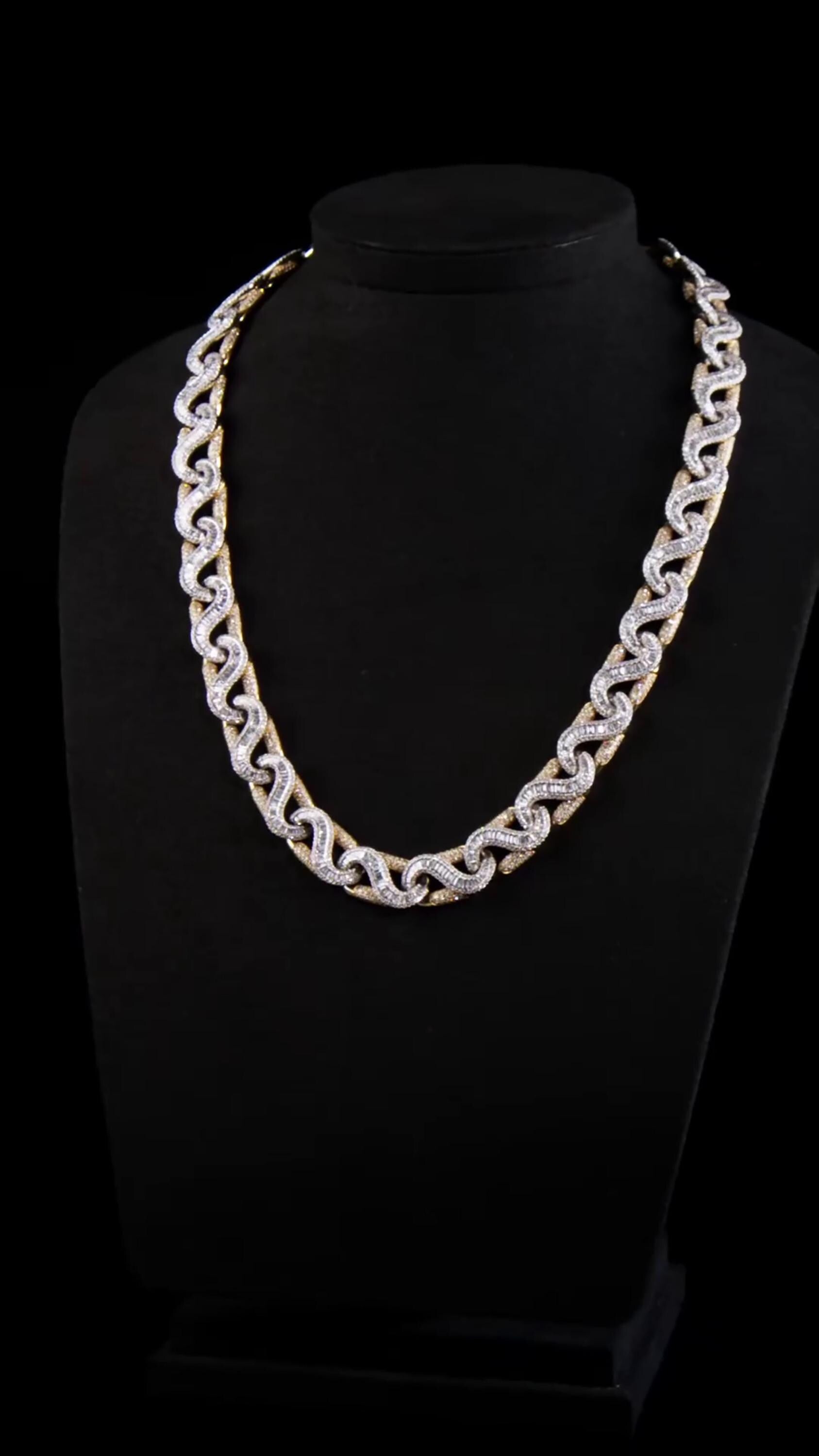 14mm Two Tone Baguette Wave Link Chain, VVS Moissanite, 925 Sterling Silver, Iced Out Hip Hop Necklace