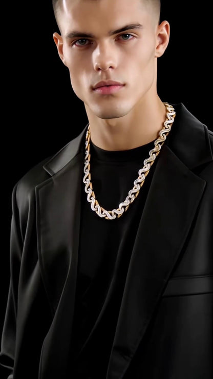 14mm Two Tone Baguette Wave Link Chain, VVS Moissanite, 925 Sterling Silver, Iced Out Hip Hop Necklace