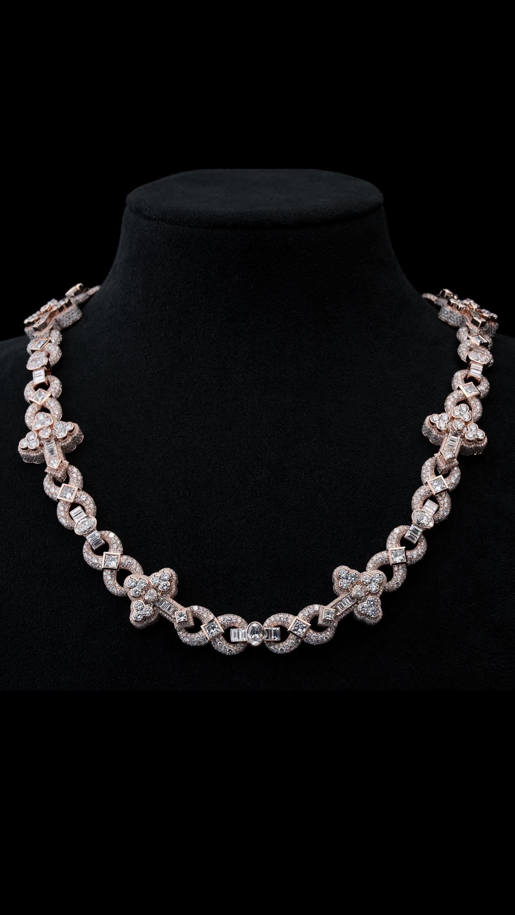 Infinity Link Moissanite Chain, Mixed Cut Cross Links, Princess Oval Baguette Heart Stones, 925 Silver Necklace