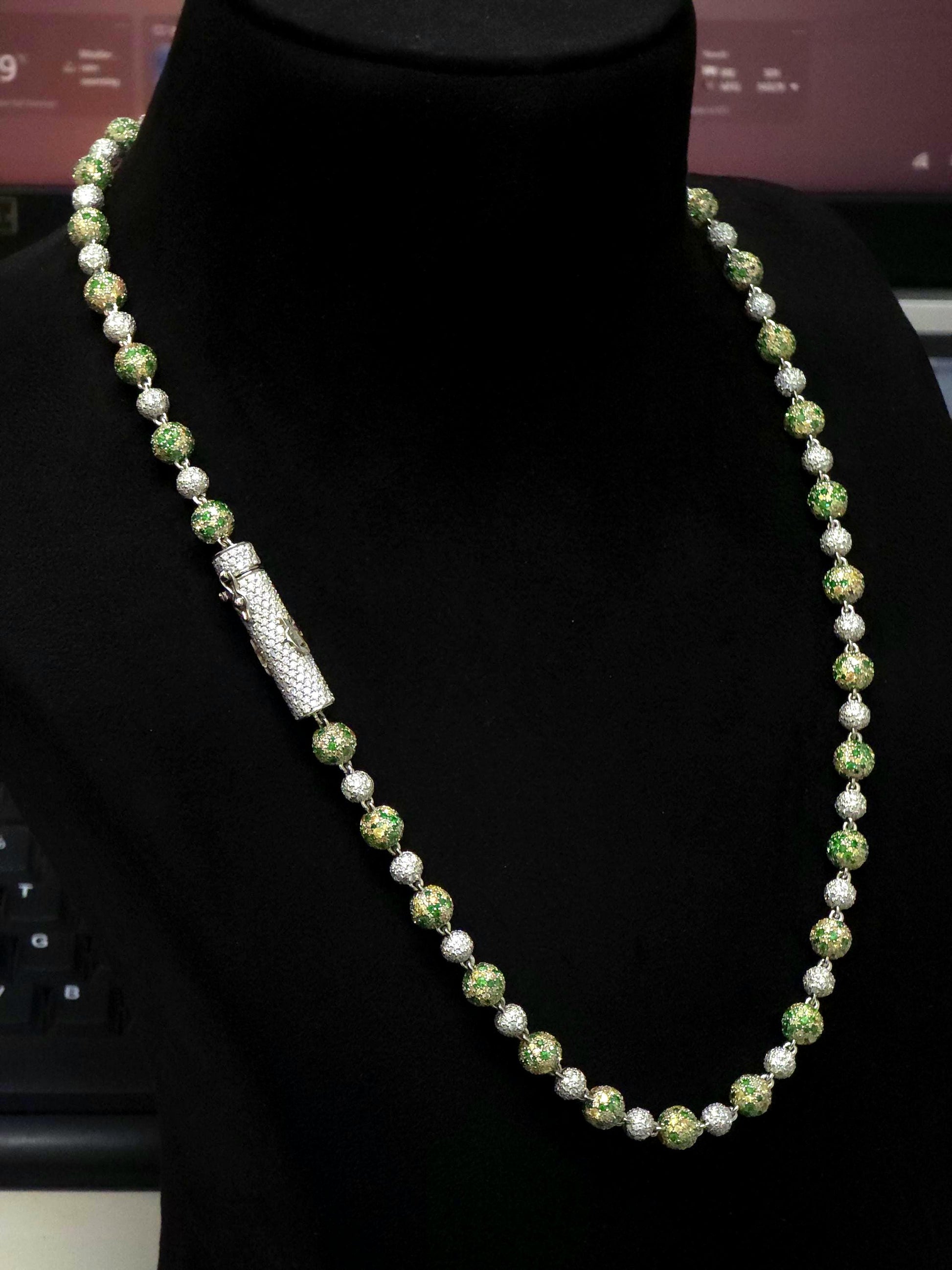 Camouflage Ball Chain, Mosaic Moissanite Necklace, Lab Created Gemstones, 360 Iced Custom Clasp Jewelry, Rhodium Plated 925 Sterling Silver
