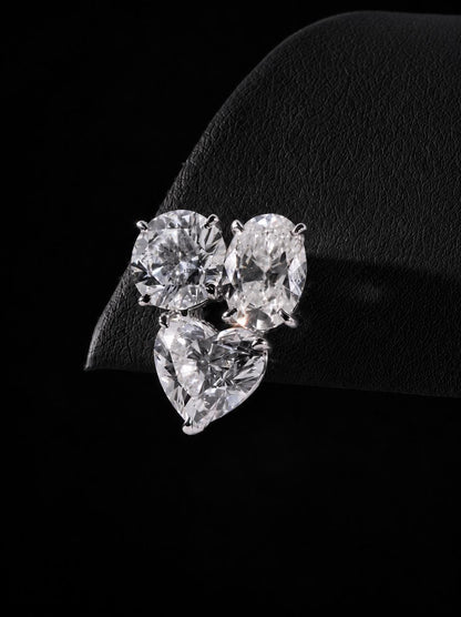 Three Stone Cluster Stud Earrings, Round Oval Heart Cut VVS Moissanite, 925 Sterling Silver, Iced Out Hip Hop Earrings