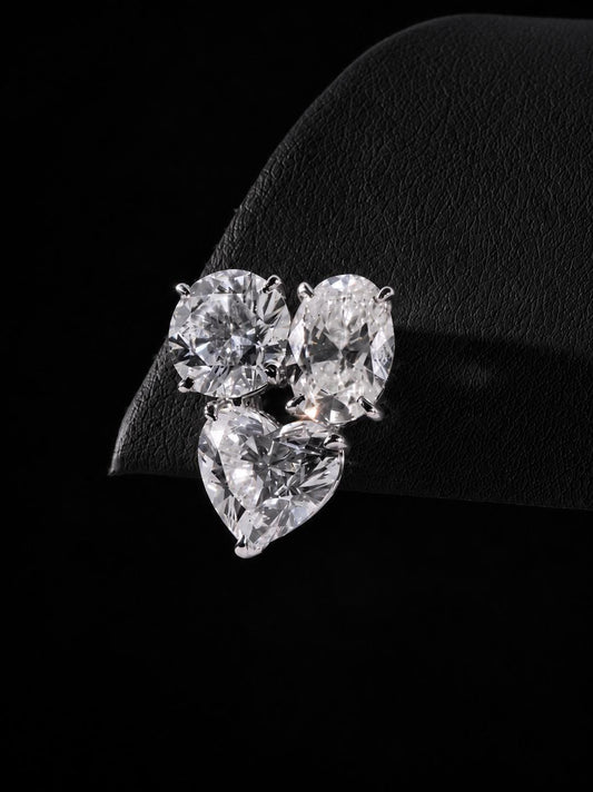 Three Stone Cluster Stud Earrings, Round Oval Heart Cut VVS Moissanite, 925 Sterling Silver, Iced Out Hip Hop Earrings