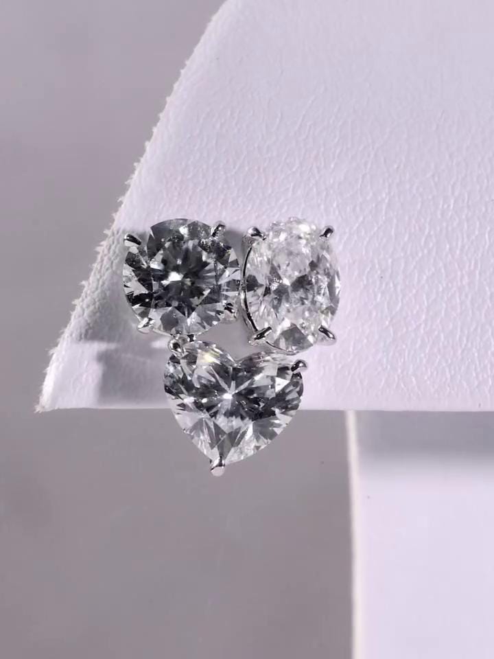 Three Stone Cluster Stud Earrings, Round Oval Heart Cut VVS Moissanite, 925 Sterling Silver, Iced Out Hip Hop Earrings