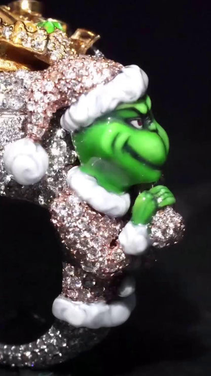 Custom Iced Out Green Holiday Character Ring, 925 Sterling Silver, VVS Moissanite or CZ, 3D Christmas Statement Ring