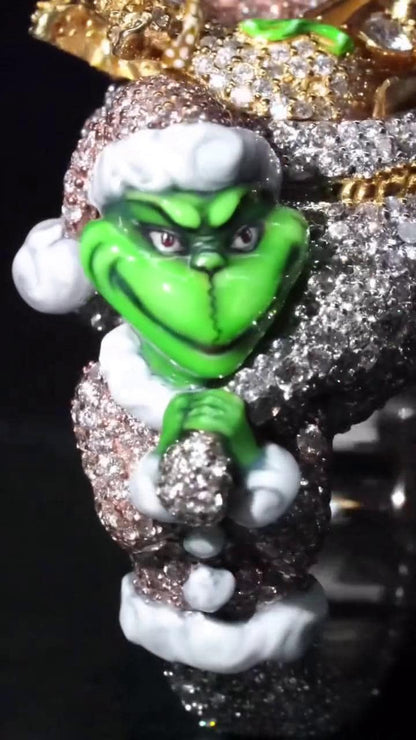 Custom Iced Out Green Holiday Character Ring, 925 Sterling Silver, VVS Moissanite or CZ, 3D Christmas Statement Ring