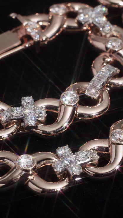 12mm Infinity Link Moissanite Chain, Cross Baguette Accent Necklace, 925 Silver Rose Gold Hip Hop Jewelry