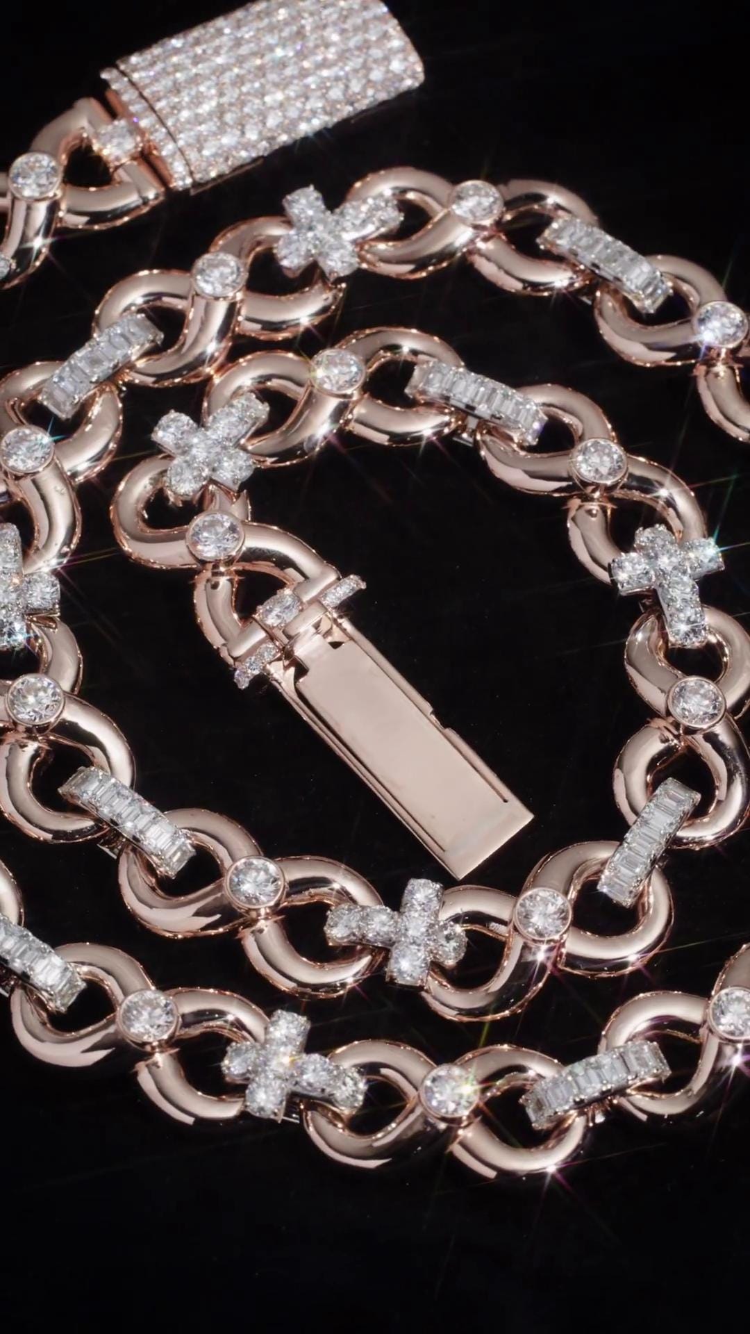 12mm Infinity Link Moissanite Chain, Cross Baguette Accent Necklace, 925 Silver Rose Gold Hip Hop Jewelry