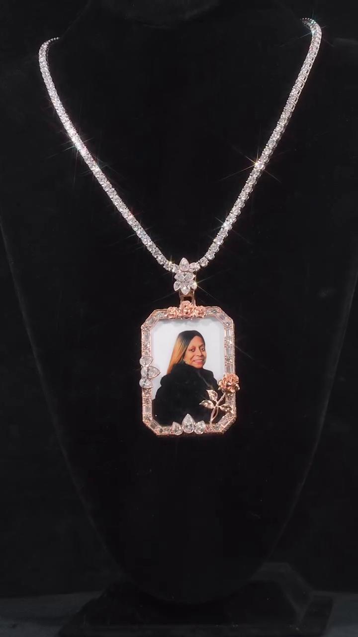 Custom Photo Memory Pendant, Moissanite Memorial Picture Pendant, Personalized Rose Frame Necklace, 925 Silver Remembrance Jewelry