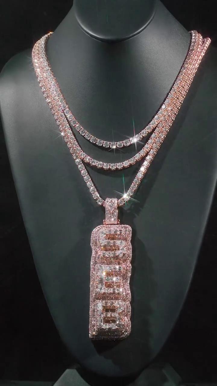 Custom Vertical Letter Pendant | Mixed Shape VVS1 Moissanite | Pass Diamond Tester | Rose Gold Plated 925 Sterling Silver