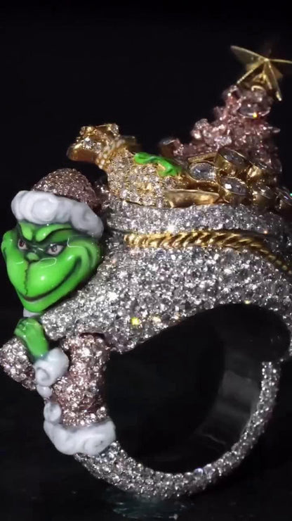 Custom Iced Out Green Holiday Character Ring, 925 Sterling Silver, VVS Moissanite or CZ, 3D Christmas Statement Ring