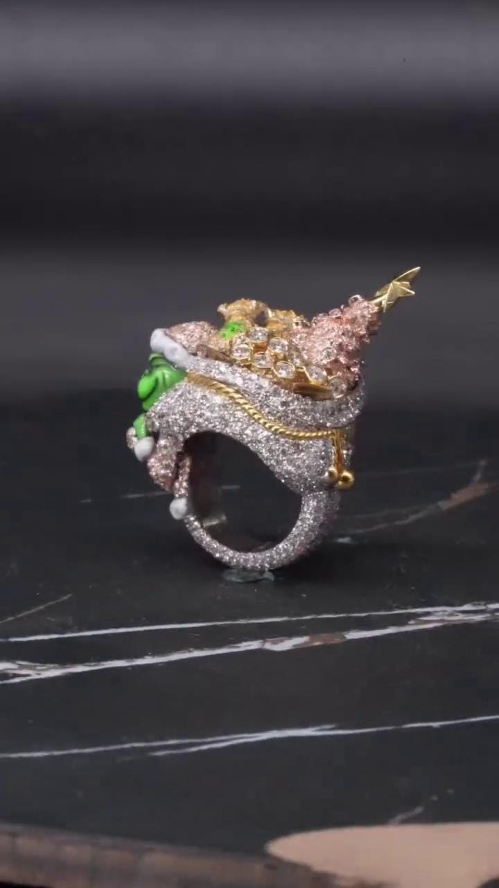 Custom Iced Out Green Holiday Character Ring, 925 Sterling Silver, VVS Moissanite or CZ, 3D Christmas Statement Ring