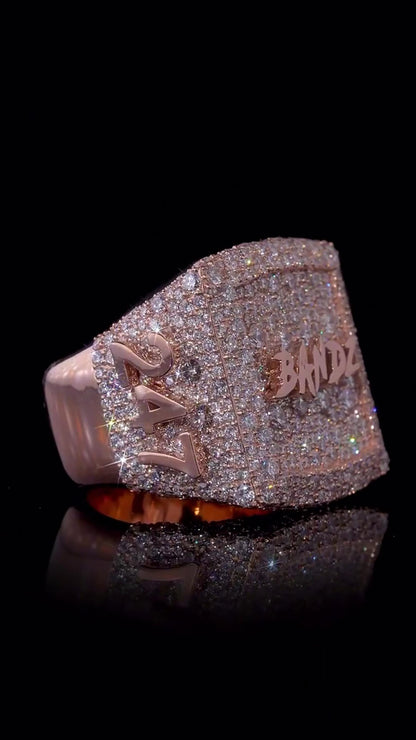 Custom Iced Out Signet Ring | Personalized Name & Number Ring | VVS Moissanite | Rose Gold Plated 925 Sterling Silver