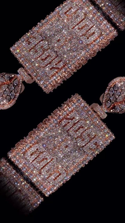 Custom Personalized Rectangle Pendant | Broken Heart Bail | Raised Lettering & Custom Side Text | Iced Out Hip Hop Jewelry